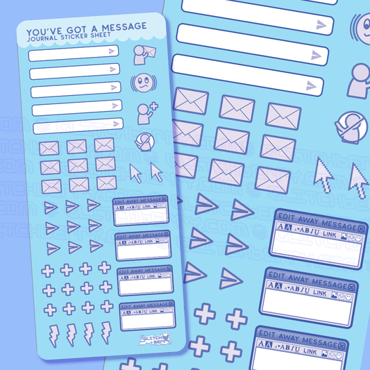 Two sticker sheets with communication icon designs on a blue background