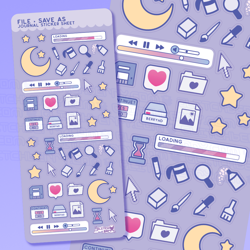 Two colorful sticker sheets with various computer icons on a purple background