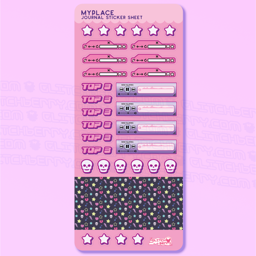 Sticker sheet with various emo-themed designs on a pink background