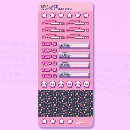 Sticker sheet with various emo-themed designs on a pink background