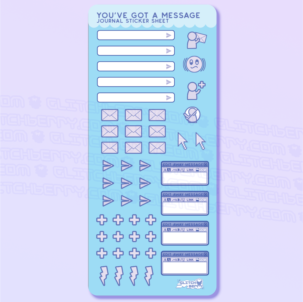 Journal sticker sheet with various communication icons and text boxes on a light blue background