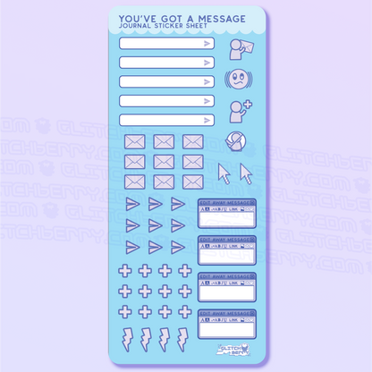 Journal sticker sheet with various communication icons and text boxes on a light blue background