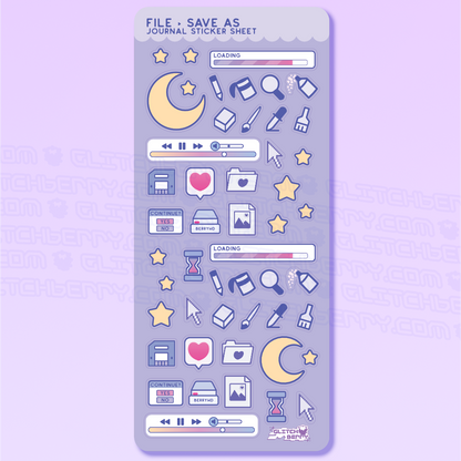 Sticker sheet with various computer icons on a purple background