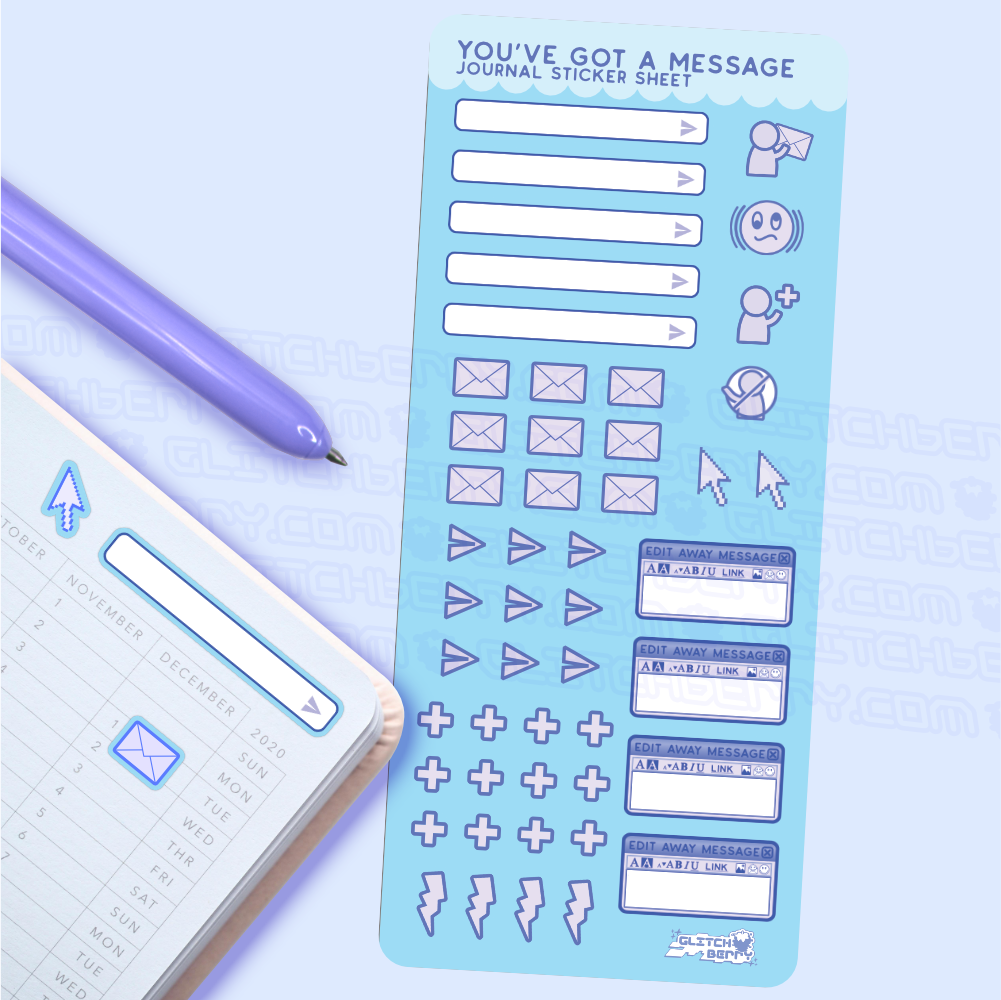 Sheet of blue journal stickers with communication icons on a light purple background, next to a pen and open notebook.