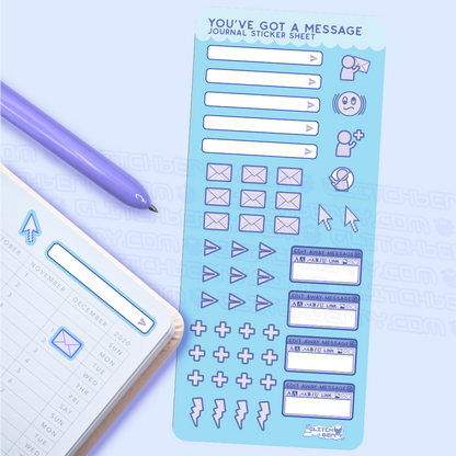 Sheet of blue journal stickers with communication icons on a light purple background, next to a pen and open notebook.
