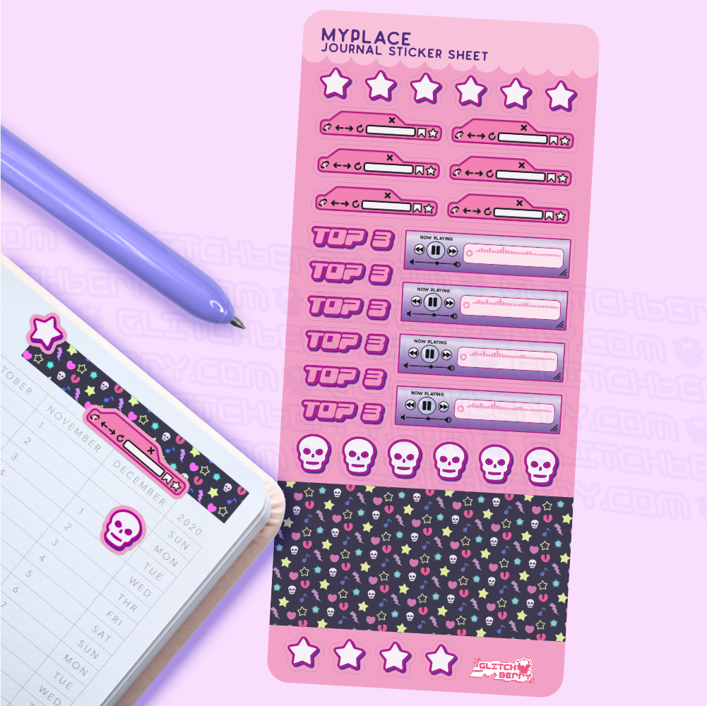 Pink sticker sheet with various emo-themed designs on a light purple background.  A pen and planner are to the side.