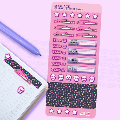 Pink sticker sheet with various emo-themed designs on a light purple background.  A pen and planner are to the side.