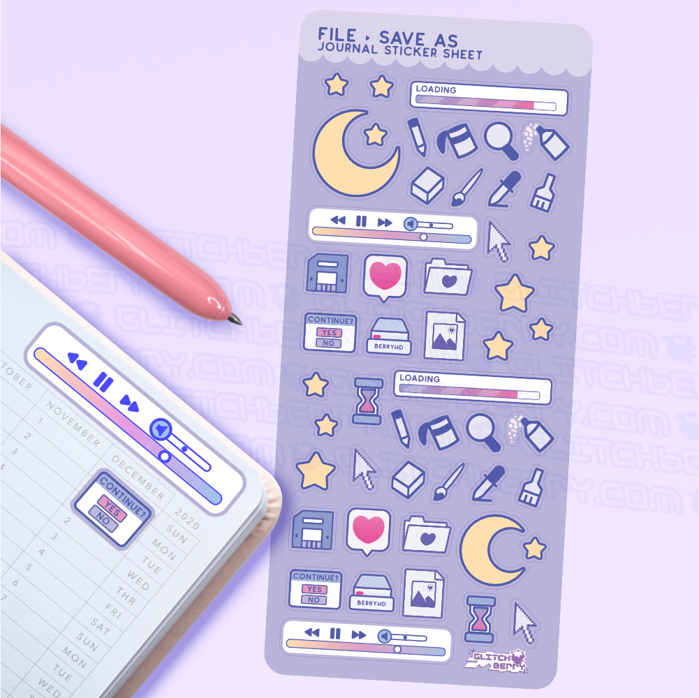 Sticker sheet with various computer icons on a light purple background.  A pen and planner are off to the side.