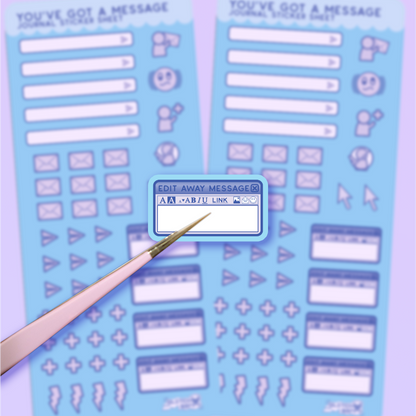 Sheet of blue decorative stickers with text boxes and messenger icons on a purple background.  Tweezers hold a sticker in the foreground that says "Edit Away Message"