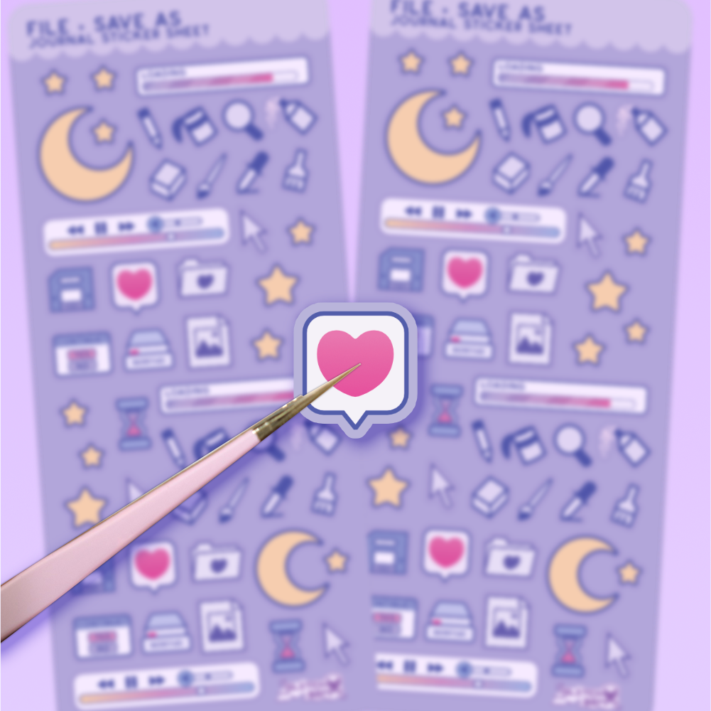 Two sheets of decorative stickers with computer icons on a purple background.  Tweezers are holding a heart sticker in the foreground.
