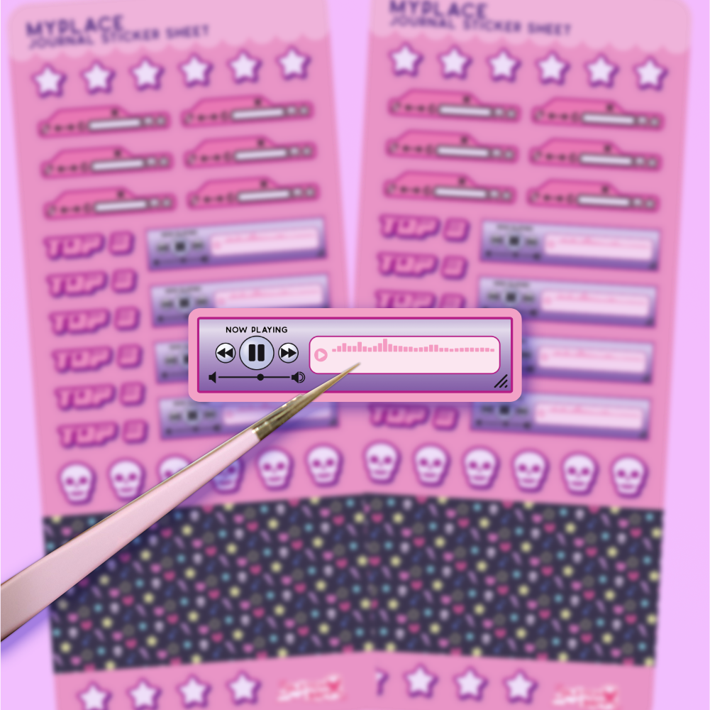 Sticker sheets with pink emo-themed designs on a pink background.  Tweezers are holding a sticker that says "Now playing" and features a music player design